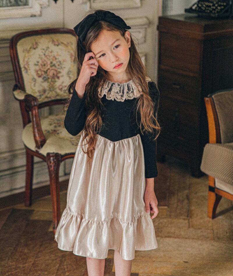 レースカラー切替光沢ワンピース・u06695 キッズ【3~8才】【ops】【ワンピース 長袖 高級感　光沢 レース 大人 フェミ