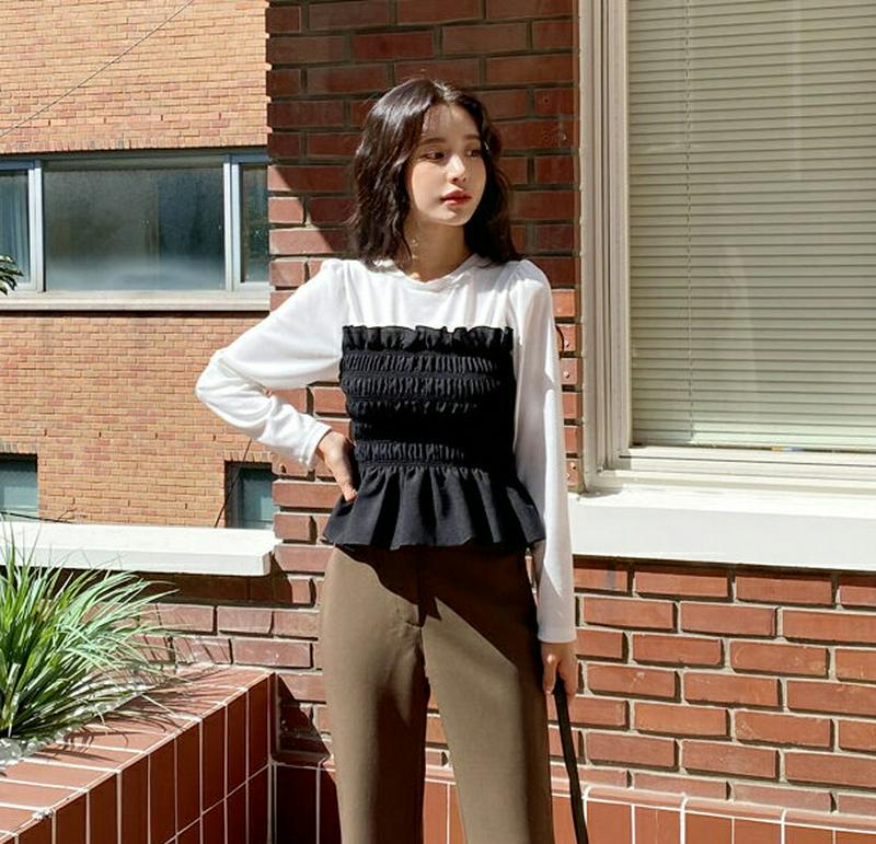 シャーリングコントラストTシャツ・全3色・t61166 レディース【tops】【韓国 ファッション トップス Tシャツ ロングス
