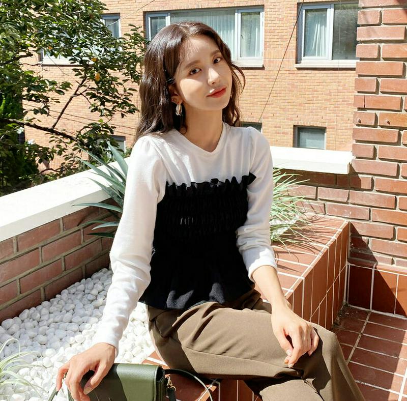 シャーリングコントラストTシャツ・全3色・t61166 レディース【tops】【韓国 ファッション トップス Tシャツ ロングス
