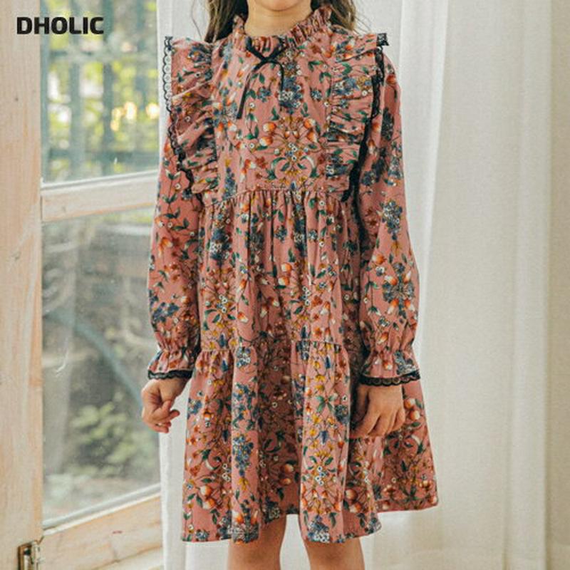 リボンレースラッフル花柄ワンピース・u06725 キッズ【3~8才】【ops】【ワンピース ミディ丈 ミディワンピース 長袖 フ