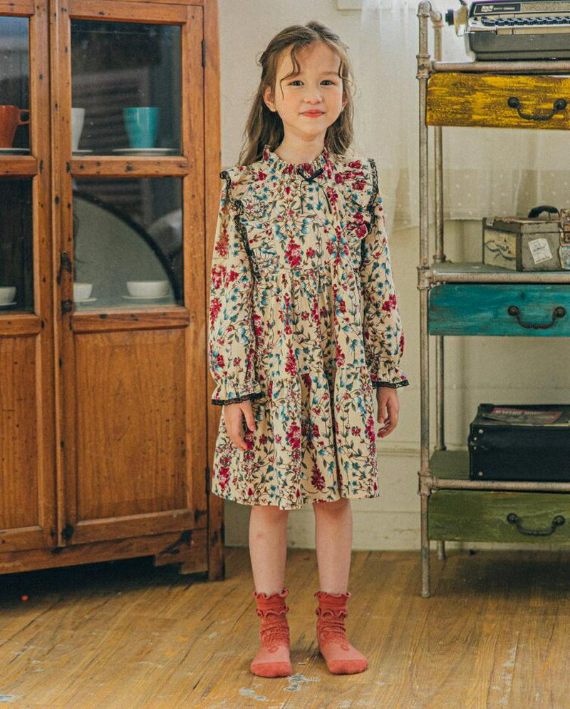 リボンレースラッフル花柄ワンピース・u06725 キッズ【3~8才】【ops】【ワンピース ミディ丈 ミディワンピース 長袖 フ