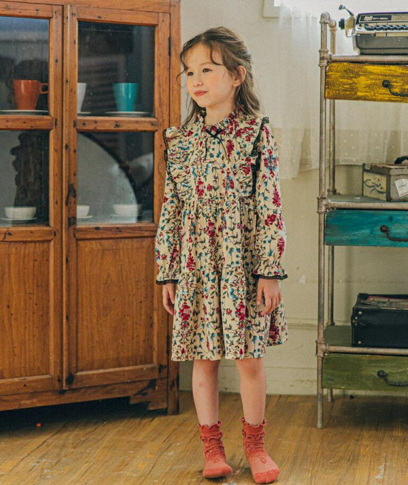 リボンレースラッフル花柄ワンピース・u06725 キッズ【3~8才】【ops】【ワンピース ミディ丈 ミディワンピース 長袖 フ