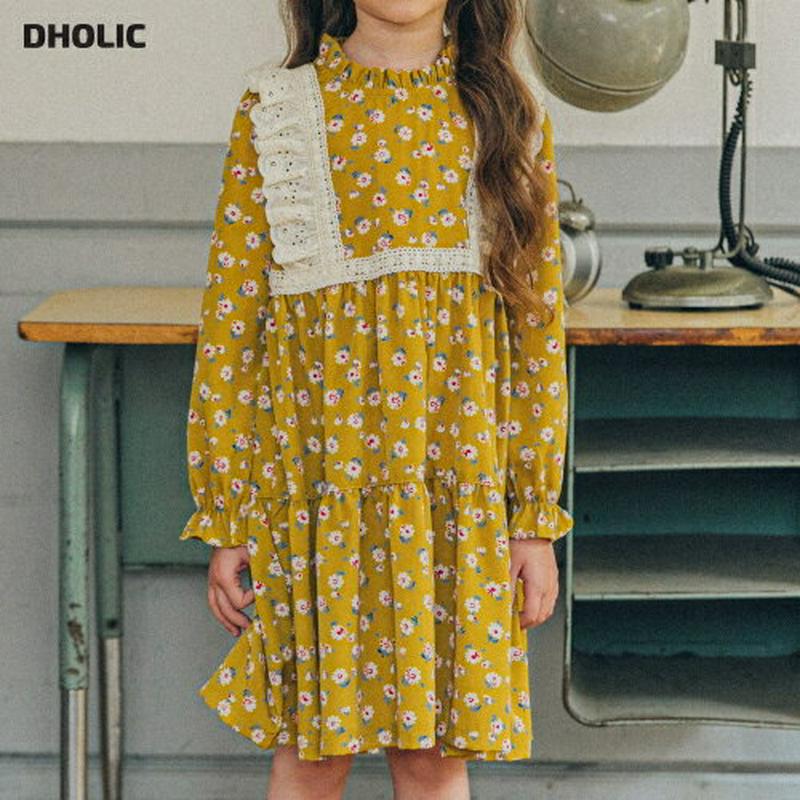 レーススクエアライン花柄ワンピース・u06673 キッズ【3~8才】【ops】【ワンピース ミディ丈 ミディワンピース 長袖　花