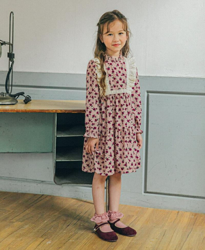 レーススクエアライン花柄ワンピース・u06673 キッズ【3~8才】【ops】【ワンピース ミディ丈 ミディワンピース 長袖　花