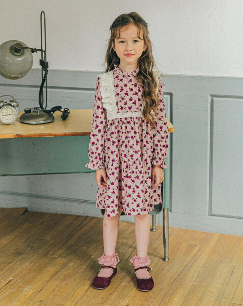 レーススクエアライン花柄ワンピース・u06673 キッズ【3~8才】【ops】【ワンピース ミディ丈 ミディワンピース 長袖　花