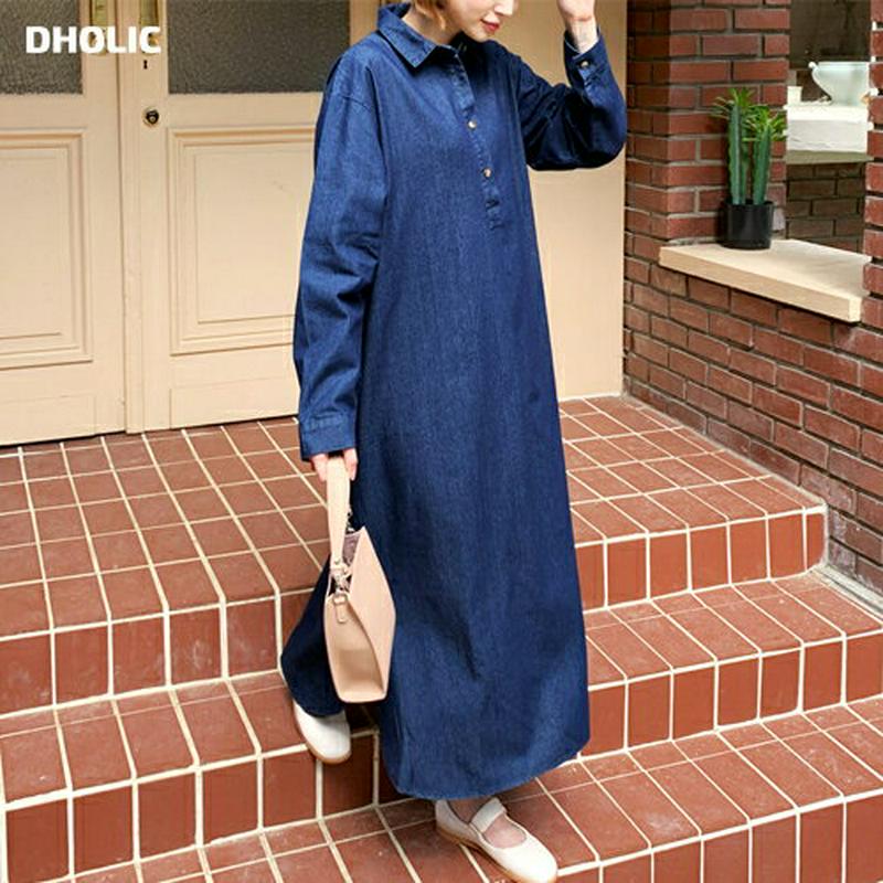 ハーフボタンデニムワンピース・全1色・t61179 レディース【ops】【韓国 ファッション ワンピース ロングワンピース 長袖