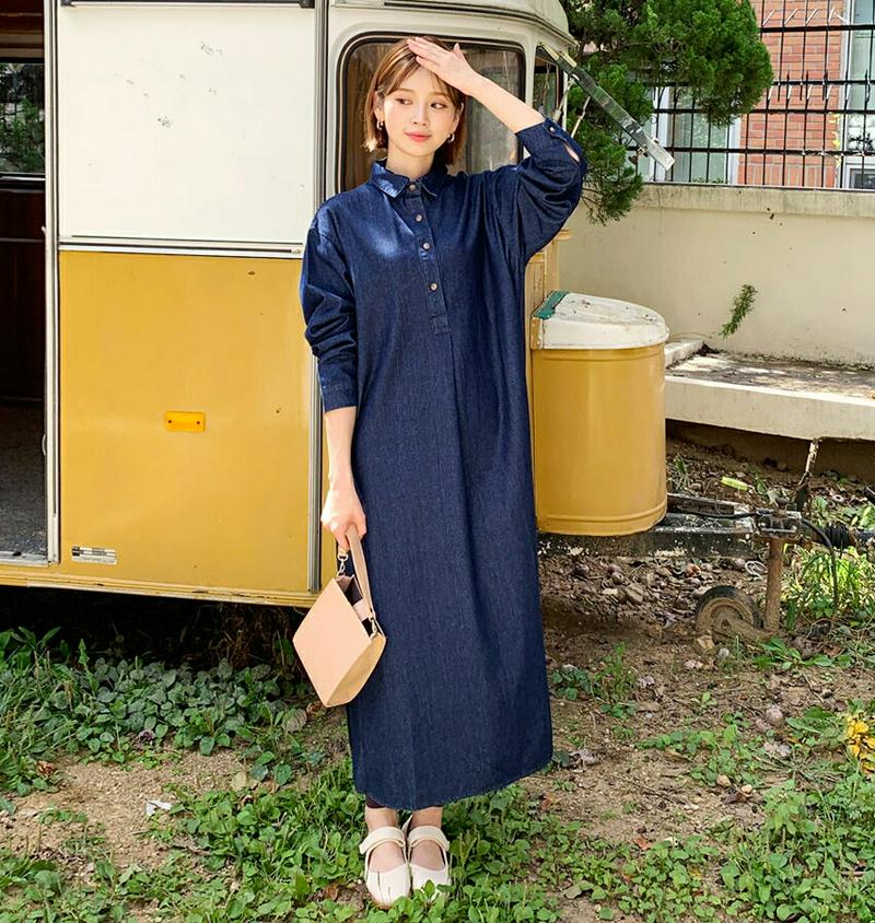 ハーフボタンデニムワンピース・全1色・t61179 レディース【ops】【韓国 ファッション ワンピース ロングワンピース 長袖