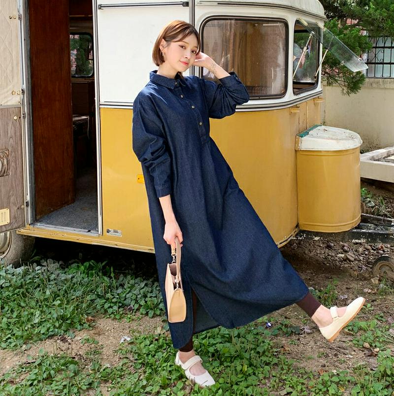 ハーフボタンデニムワンピース・全1色・t61179 レディース【ops】【韓国 ファッション ワンピース ロングワンピース 長袖