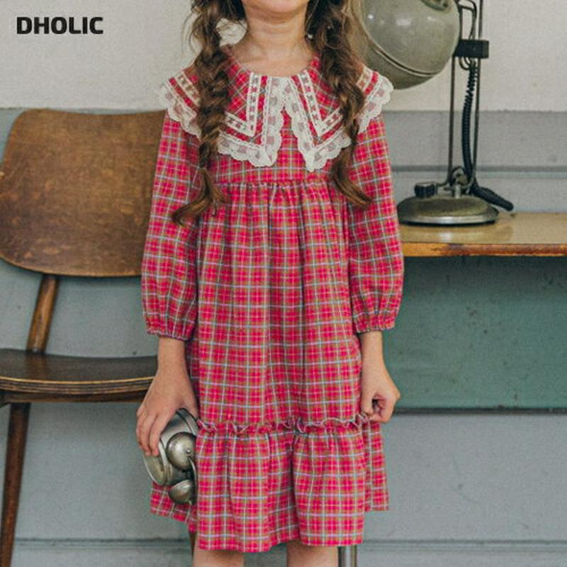 レースフラットカラーチェックワンピース・u06672 キッズ【3~8才】【ops】【ワンピース ミディ丈 ミディワンピース 七分