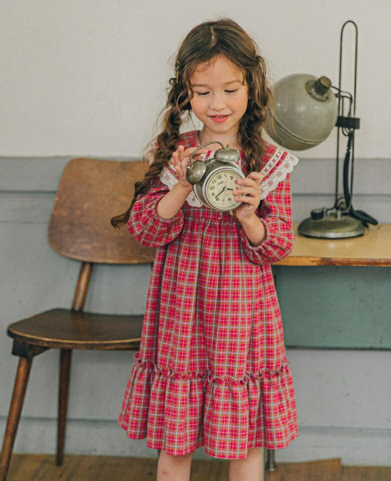 レースフラットカラーチェックワンピース・u06672 キッズ【3~8才】【ops】【ワンピース ミディ丈 ミディワンピース 七分