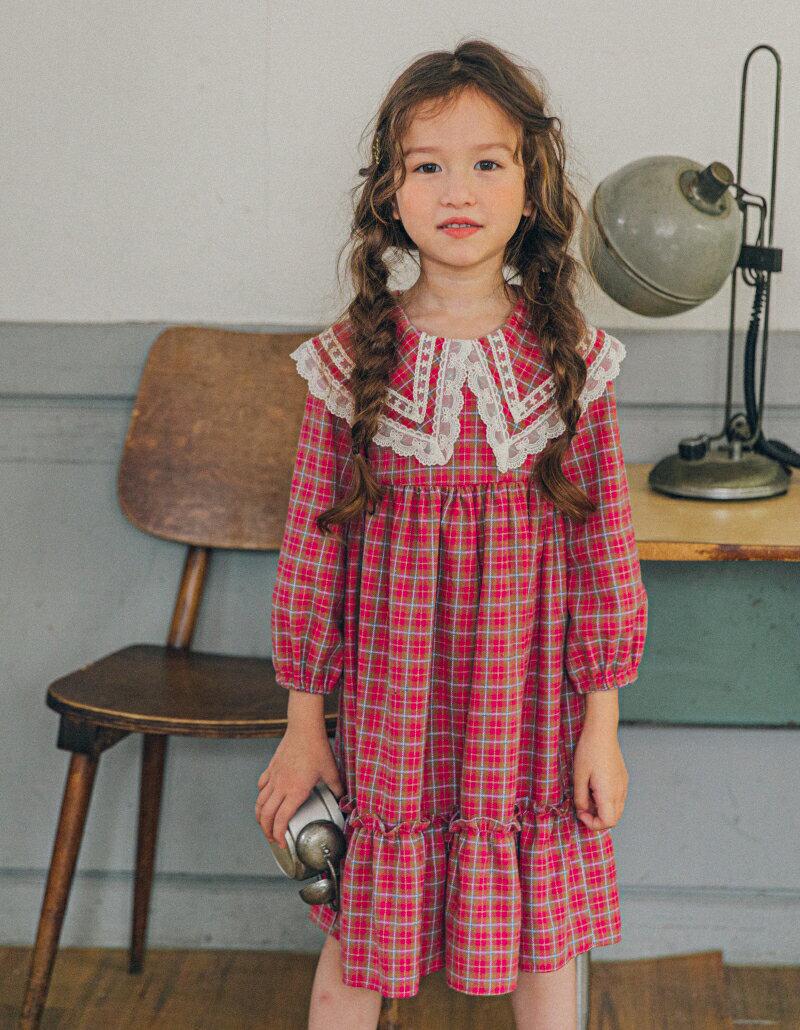 レースフラットカラーチェックワンピース・u06672 キッズ【3~8才】【ops】【ワンピース ミディ丈 ミディワンピース 七分