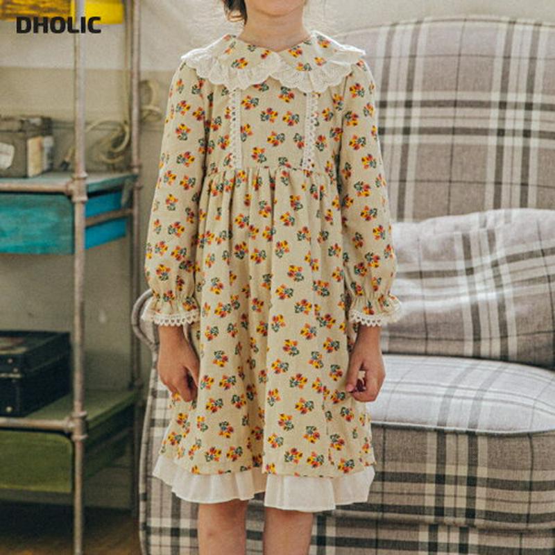 レースラウンドカラー花柄ワンピース・u06707 キッズ【3~8才】【ops】【ワンピース ミディ丈 ミディワンピース 長袖 花