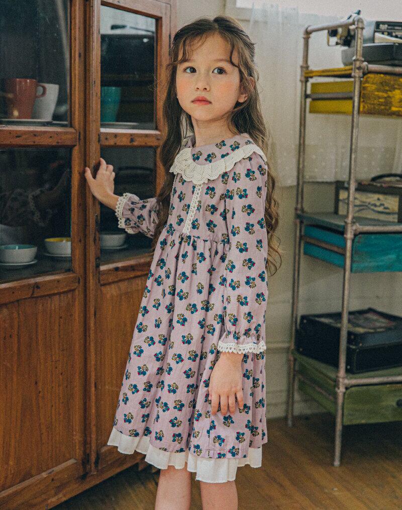 レースラウンドカラー花柄ワンピース・u06707 キッズ【3~8才】【ops】【ワンピース ミディ丈 ミディワンピース 長袖 花