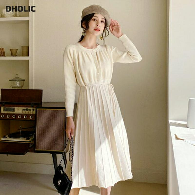 ストラップ付ニットフレアワンピース・全2色・b61130 レディース【ops】【韓国 ファッション ワンピース ロングワンピース ニットワンピース ラウンドネック ロングスリーブ 長袖 ボタン ストラップ プリーツ フレア シンプル フェミニン 秋 冬】