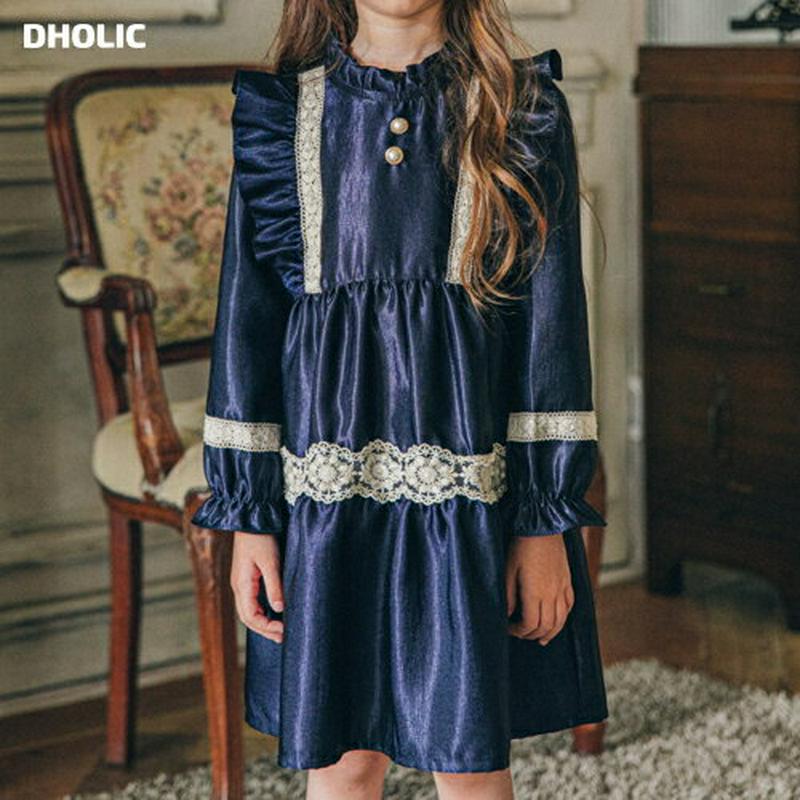 レースラインベロアワンピース・u06704 キッズ【3~8才】【ops】【ワンピース ミディ丈 ミディワンピース 長袖 レース 