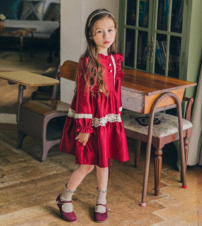 レースラインベロアワンピース・u06704 キッズ【3~8才】【ops】【ワンピース ミディ丈 ミディワンピース 長袖 レース 