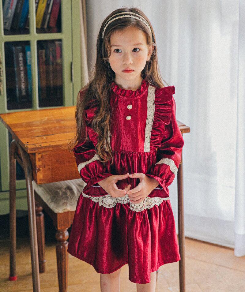 レースラインベロアワンピース・u06704 キッズ【3~8才】【ops】【ワンピース ミディ丈 ミディワンピース 長袖 レース 