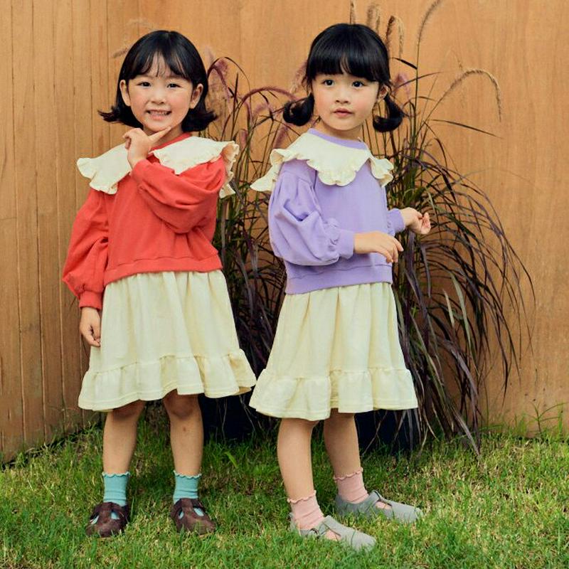 フリルカラースウェット切替ワンピース・u06682 キッズ【3~8才】【ops】【ワンピース ミディ丈 ミディワンピース 長袖 