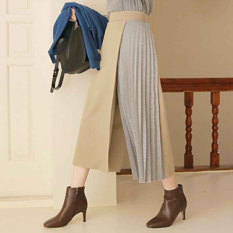 配色チェックプリーツパンツ・全2色・t64434 レディース【pt】【韓国 ファッション ボトムス ズボン パンツ ワイドパンツ