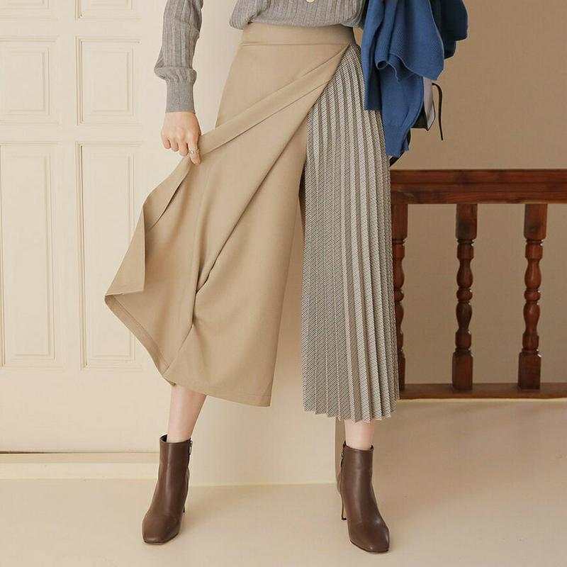 配色チェックプリーツパンツ・全2色・t64434 レディース【pt】【韓国 ファッション ボトムス ズボン パンツ ワイドパンツ