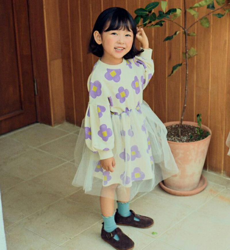フラワースウェットチュールワンピース・u06717 キッズ【3~8才】【ops】【ワンピース ミディ丈 ミディワンピース 透け感
