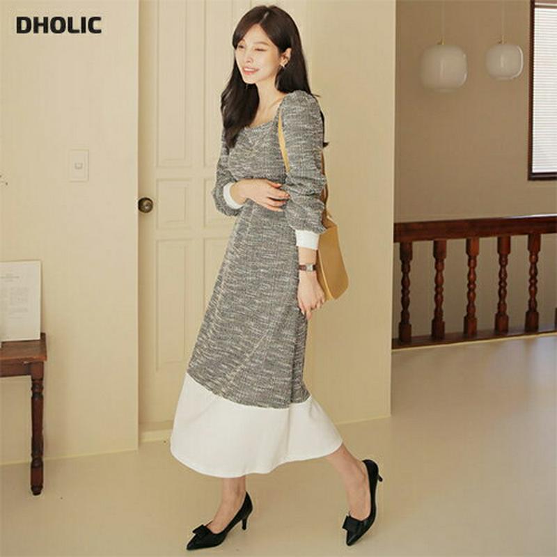 ストラップ付配色ツイードワンピース・全2色・b64418 レディース【ops】【韓国 ファッション ワンピース ロングワンピース