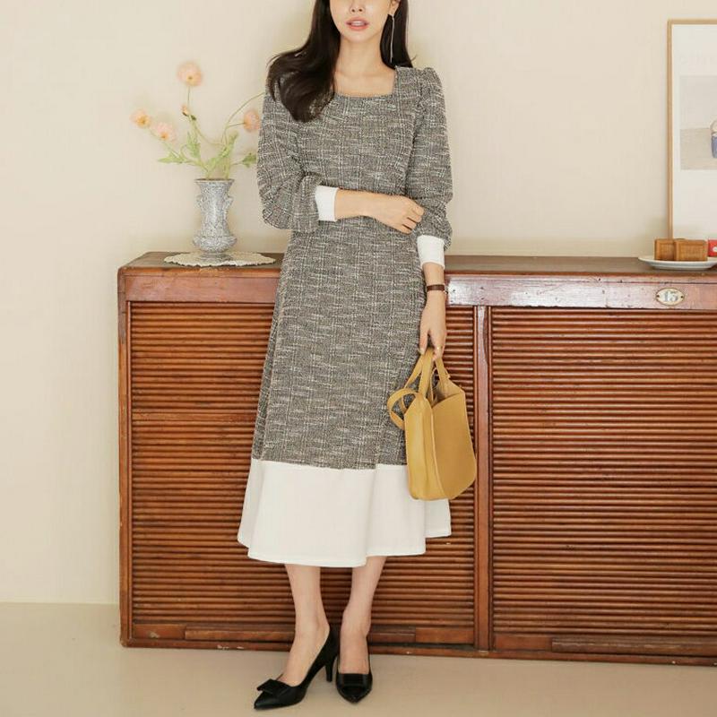 ストラップ付配色ツイードワンピース・全2色・b64418 レディース【ops】【韓国 ファッション ワンピース ロングワンピース