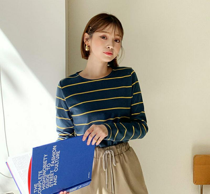 ラウンドボーダーTシャツ・全5色・b61191 レディース【tops】【韓国 ファッション トップス Tシャツ ロングスリーブ 