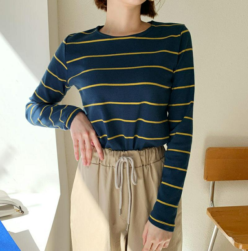 ラウンドボーダーTシャツ・全5色・b61191 レディース【tops】【韓国 ファッション トップス Tシャツ ロングスリーブ 