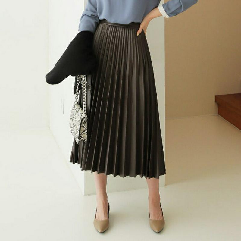 フェイクレザープリーツスカート・全2色・t64435 レディース【sk】【韓国 ファッション ボトムス スカート ロング丈 ロン