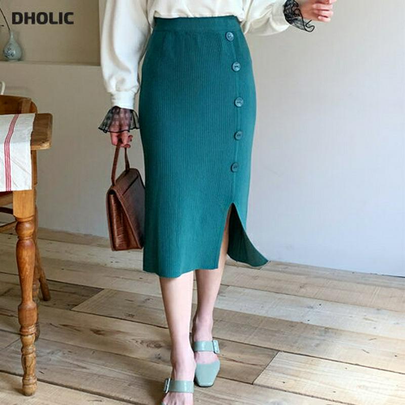 ボタンリブニットスカート・全5色・b61160 レディース【sk】【韓国 ファッション ボトムス スカート ミディ丈 ミディスカ