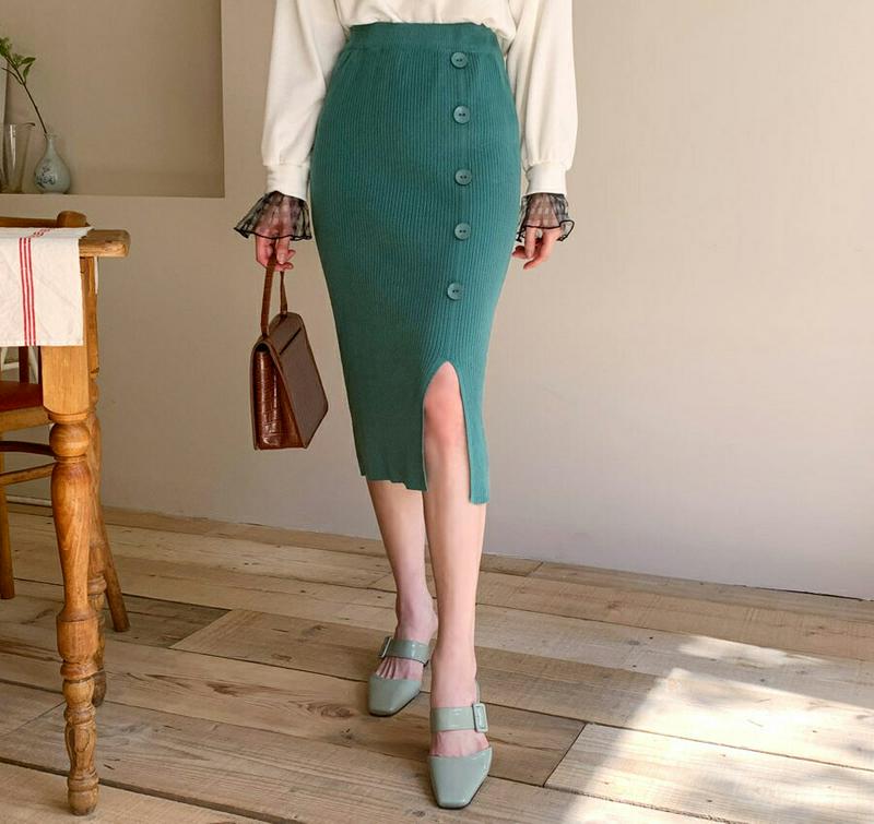 ボタンリブニットスカート・全5色・b61160 レディース【sk】【韓国 ファッション ボトムス スカート ミディ丈 ミディスカ