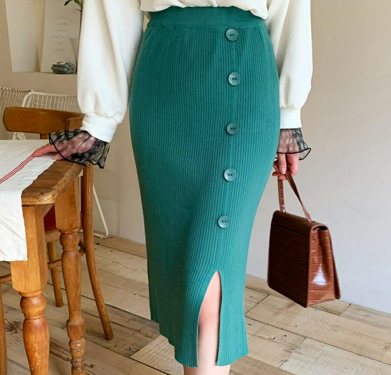 ボタンリブニットスカート・全5色・b61160 レディース【sk】【韓国 ファッション ボトムス スカート ミディ丈 ミディスカ