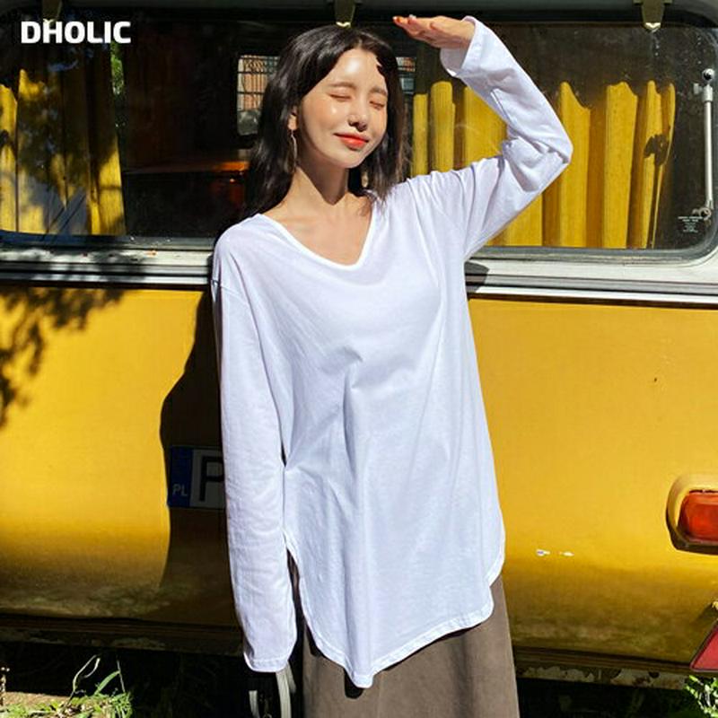 UネックラウンドヘムTシャツ・全4色・t61157 レディース【tops】【韓国 ファッション トップス Tシャツ ロングスリー