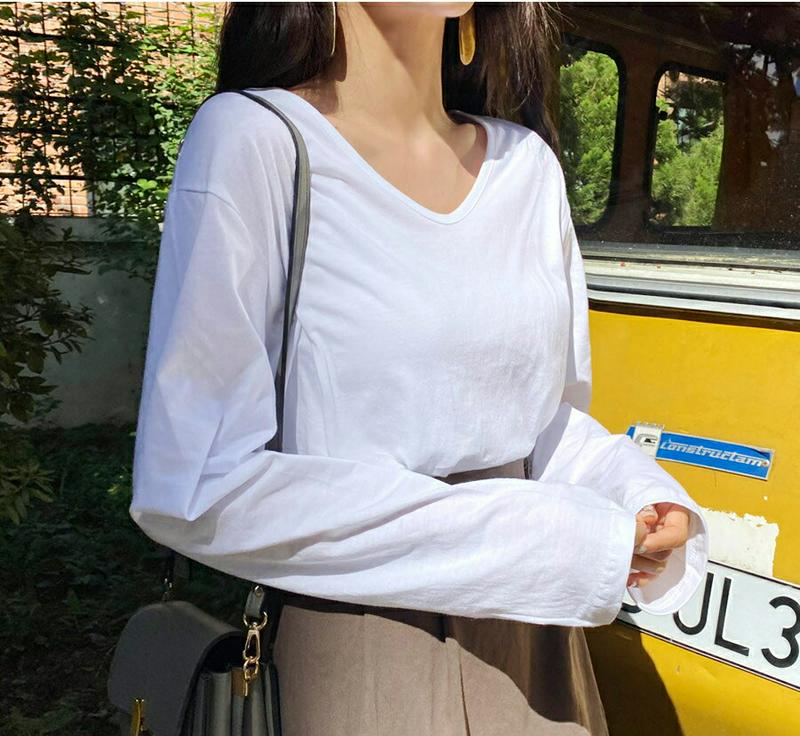UネックラウンドヘムTシャツ・全4色・t61157 レディース【tops】【韓国 ファッション トップス Tシャツ ロングスリー