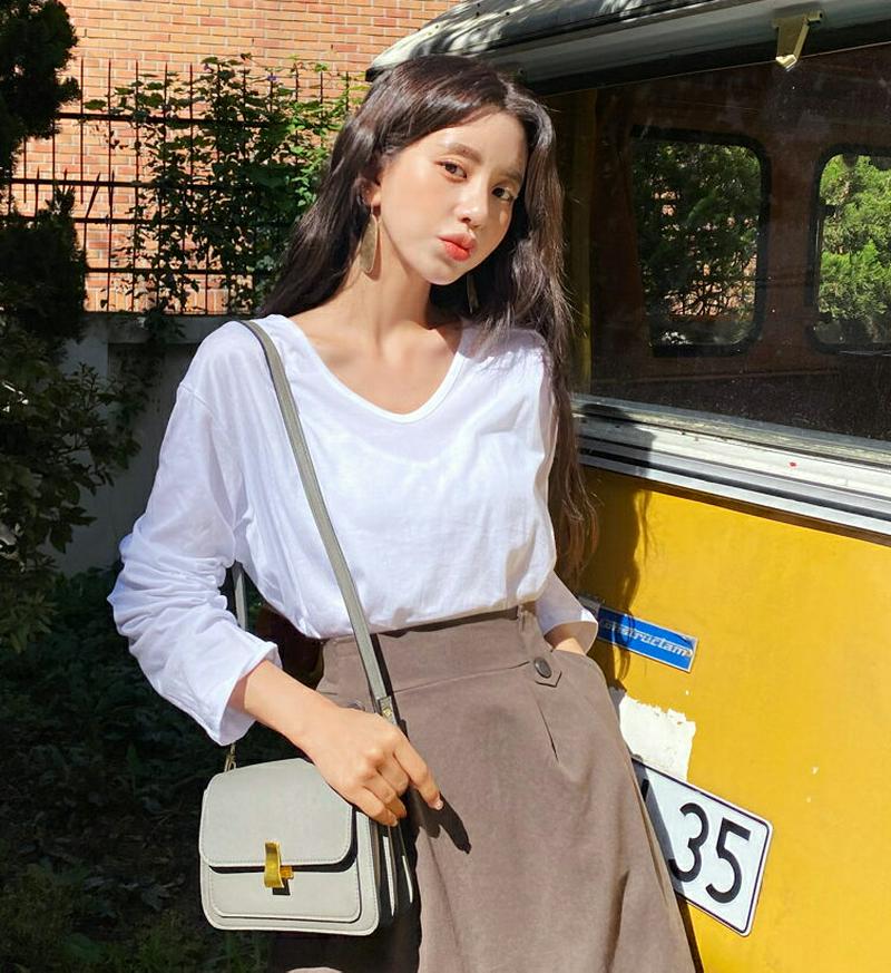 UネックラウンドヘムTシャツ・全4色・t61157 レディース【tops】【韓国 ファッション トップス Tシャツ ロングスリー