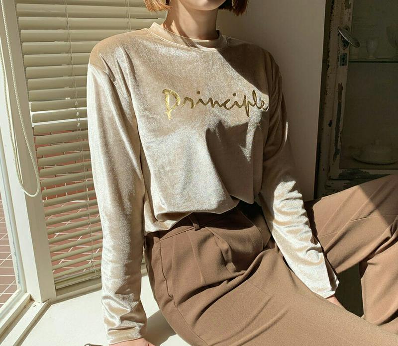 ベロアレタリングTシャツ・全2色・b61167 レディース【tops】【韓国 ファッション トップス Tシャツ ロングスリーブ 