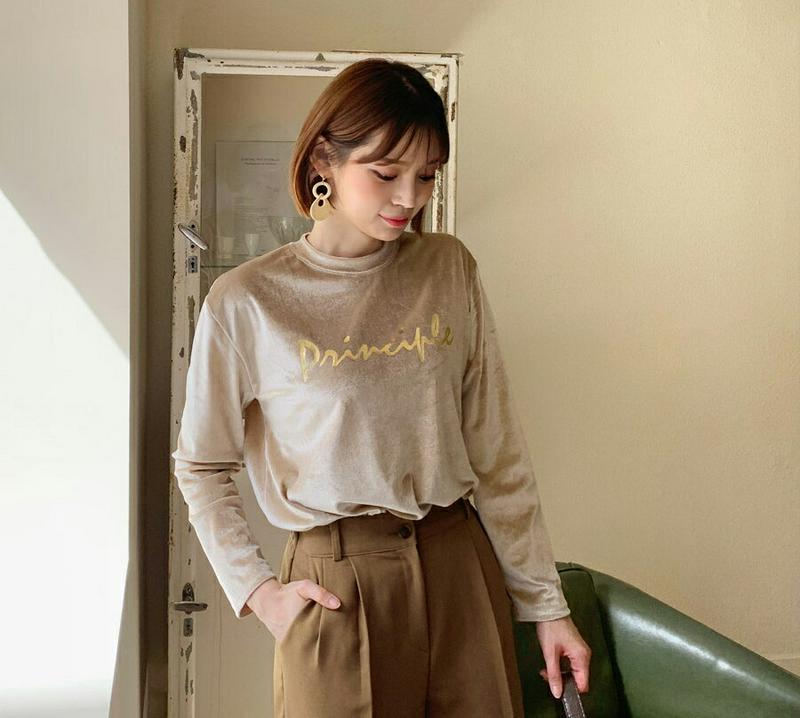 ベロアレタリングTシャツ・全2色・b61167 レディース【tops】【韓国 ファッション トップス Tシャツ ロングスリーブ 