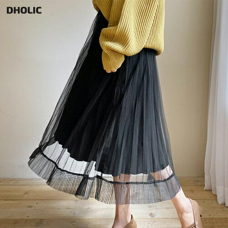 チュールニットプリーツスカート・全2色・b61174 レディース【sk】【韓国 ファッション ボトムス スカート ロング丈 ロン