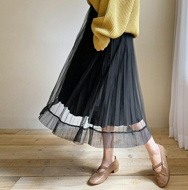 チュールニットプリーツスカート・全2色・b61174 レディース【sk】【韓国 ファッション ボトムス スカート ロング丈 ロン