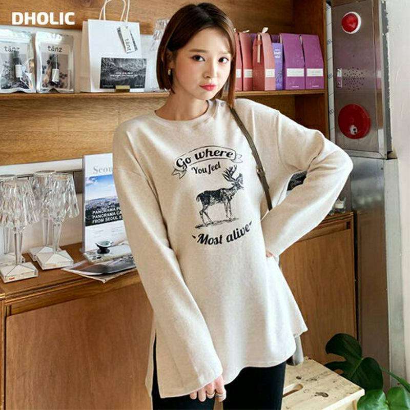 【新作10%OFF】スリットプリントTシャツ・全3色・t55959 レディース【tops】【韓国 ファッション トップス Tシャ