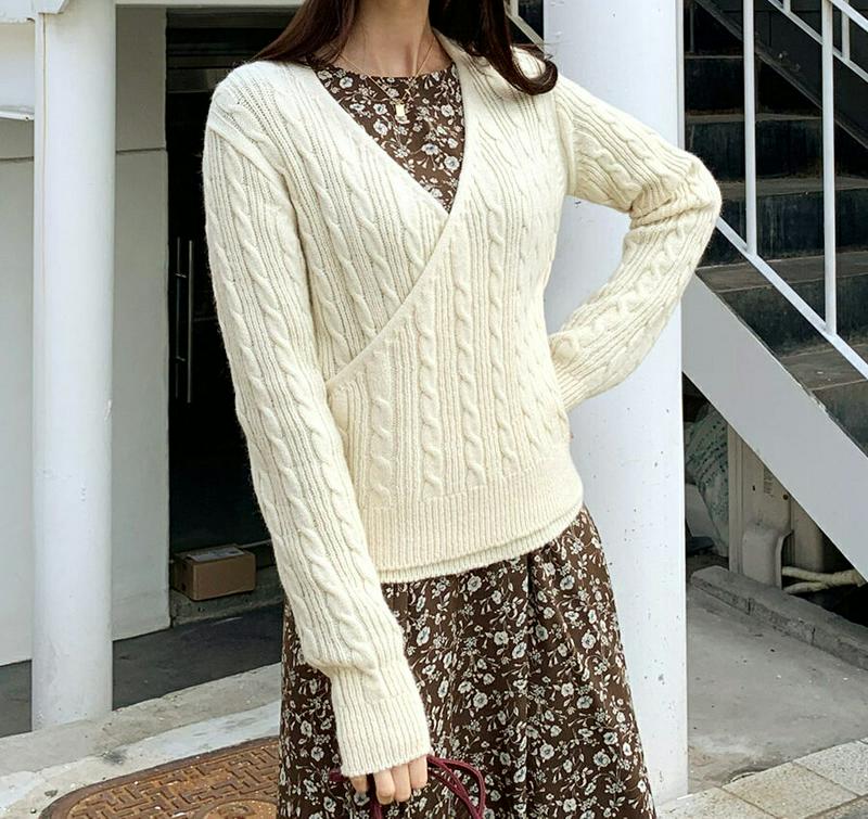 【新作10%OFF】カシュクールケーブルニット・全3色・t55961 レディース【tops】【韓国 ファッション トップス ニッ