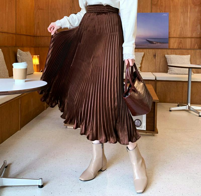 プリーツグロッシースカート・全4色・b55976 レディース【sk】【韓国 ファッション ボトムス スカート ロング丈 ロングスカート プリーツ グロッシー 揺れ感 バックゴム 高級感 光沢 生地 フェミニン 大人 上品 ゆったり 秋】