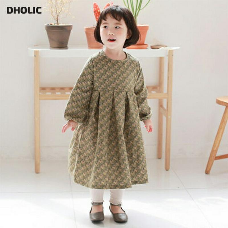 タックパターンワンピース・p006251 キッズ【3~8才】【ops】【ワンピース ロング ロングワンピース 長袖 タック 総柄 ナチュラル ゆったり 女の子 春 秋 韓国 韓国子供服 子供 こども 子供服 こども服】【KIDS】