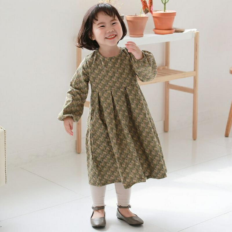 タックパターンワンピース・p006251 キッズ【3~8才】【ops】【ワンピース ロング ロングワンピース 長袖 タック 総柄 ナチュラル ゆったり 女の子 春 秋 韓国 韓国子供服 子供 こども 子供服 こども服】【KIDS】