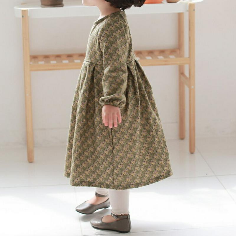 タックパターンワンピース・p006251 キッズ【3~8才】【ops】【ワンピース ロング ロングワンピース 長袖 タック 総柄 ナチュラル ゆったり 女の子 春 秋 韓国 韓国子供服 子供 こども 子供服 こども服】【KIDS】