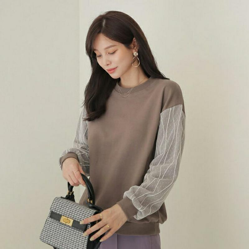 【新作10%OFF】ドットメッシュスリーブスウェット・全3色・t64405 レディース【tops】【韓国 ファッション トップス