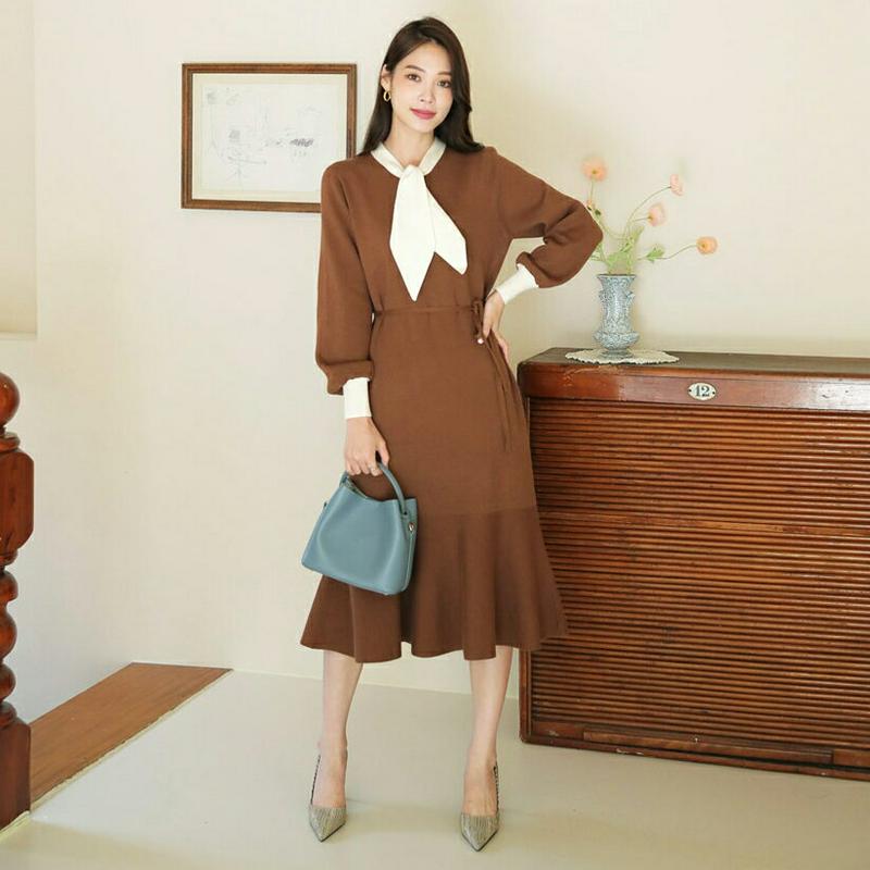 【新作10%OFF】ストラップ付配色リボンニットワンピース・全2色・b64419 レディース【ops】【韓国 ファッション ワン