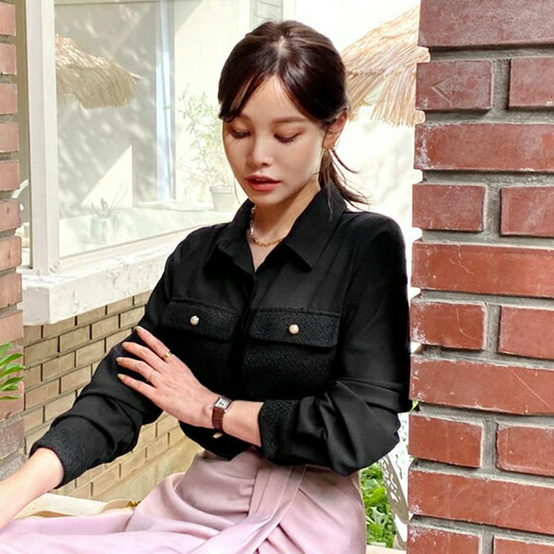 【新作10%OFF】パールツイードポイントブラウス・全2色・t64425 レディース【bl】【韓国 ファッション トップス ブラ