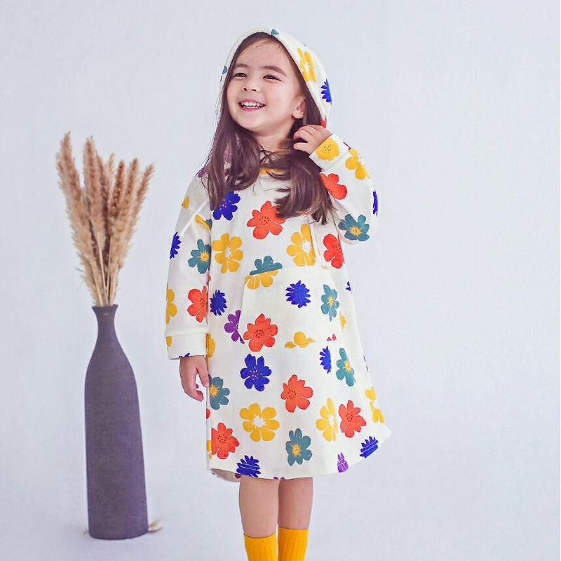 フラワーフードワンピース p007510 キッズ 【3~8才】【ops】【韓国 ファッション ワンピース ミディ ミドル 膝丈 長袖 帽子付き マフポケット パーカーワンピース パターン 柄 花柄 女の子キッズ 子供 子供用 幼稚園 通学 通園 小学生 春 秋 冬】【KIDS】